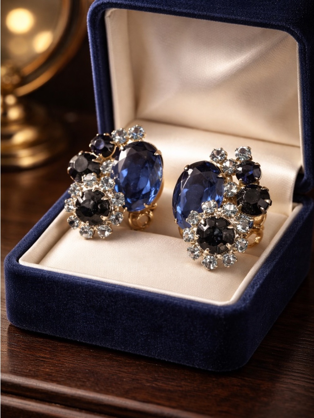 Juliana Gold-Tone Clip-On Earrings with Deep Blue Crystals - Picture 1 of 3